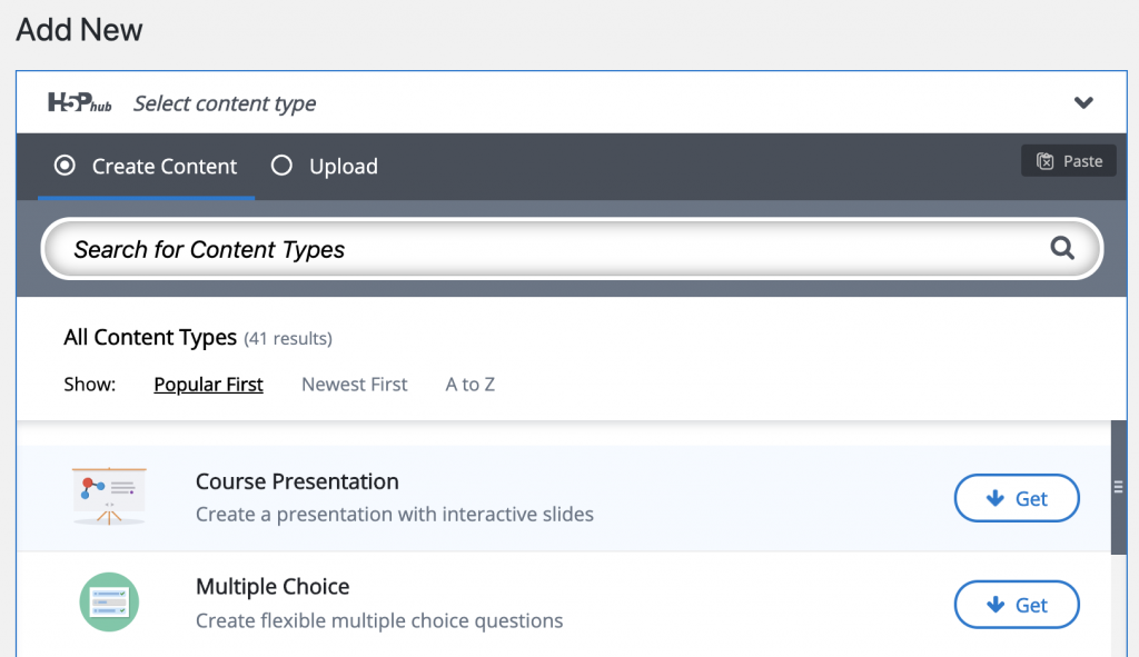 After clicking Add New, click Create Content to select a Content Type and begin authoring.